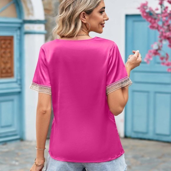 Contrast Trim Short Sleeve Plunge Blouse - Picture 6 of 12